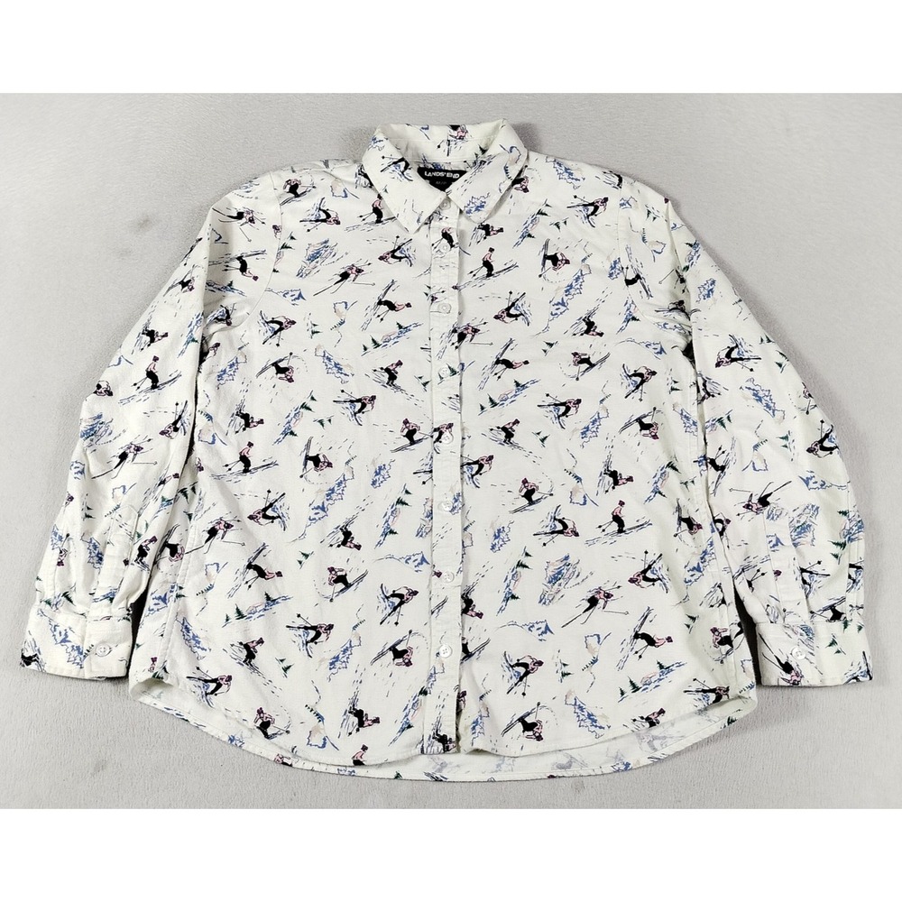 Lands End Shirt Womens PM White Ski Print Flannel Winter Cabincore Outdoors